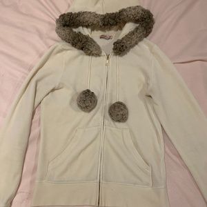 RARE Juicy Couture Velour Jacket Faux Fur Hood with Pom Poms